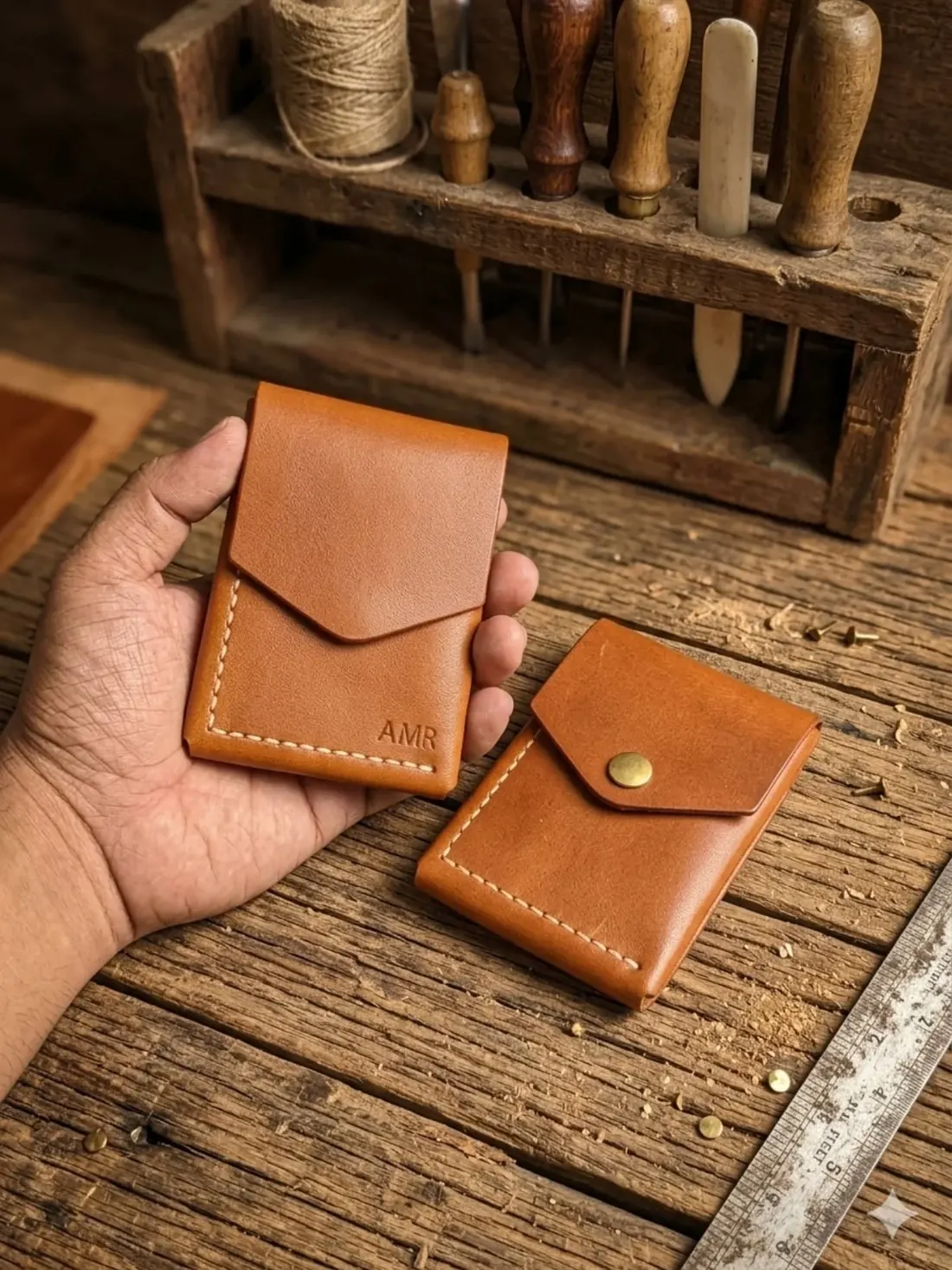 Initiales AMR gravées à la main sur un porte-cartes en cuir camel Handy Leather