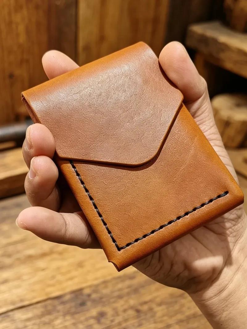 Porte-cartes Atlas en cuir camel, tenu en main devant un établi en bois