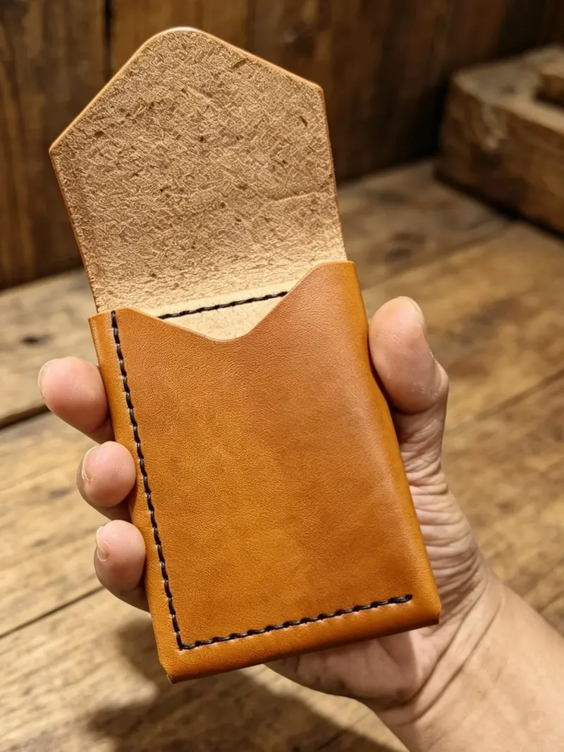 Porte-cartes Atlas en cuir caramel, ouvert, montrant l'emplacement carte